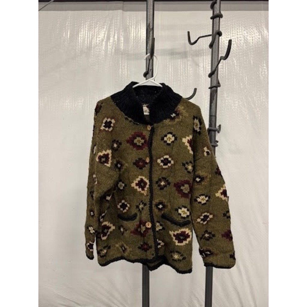 Vintage Hand-Knit Wool Cardigan - Olive Green Geometric L Handknit in Bolivia